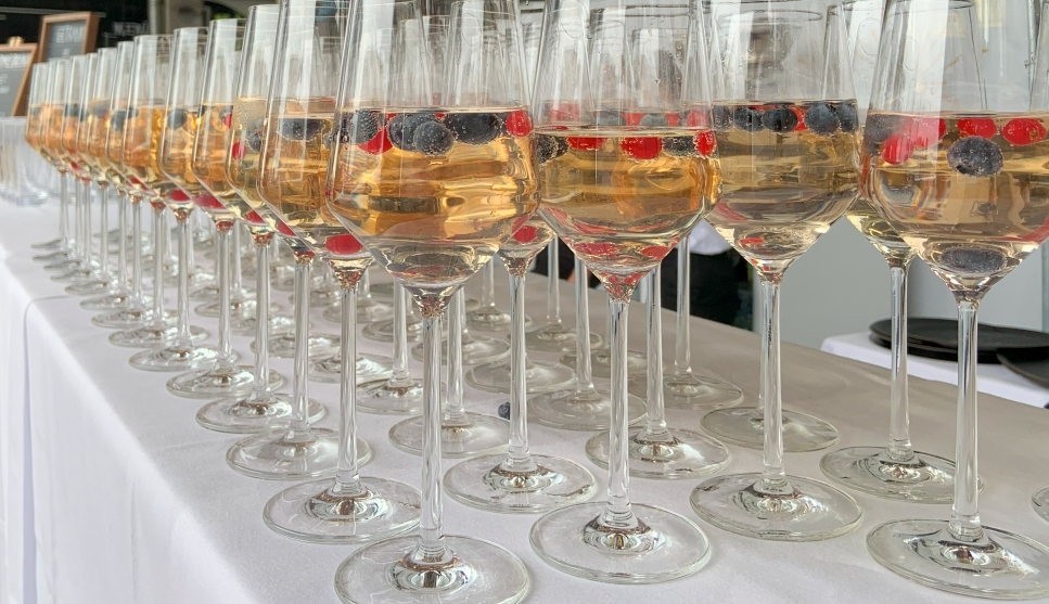 55 eine lange Reihe an hohen Stilgläsern gefüllt mit Hugo Aperol Spritz und Prosecco auch virgin